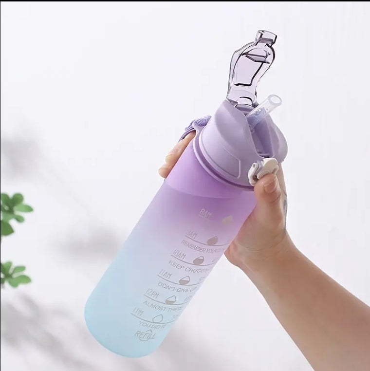 750 ml Kunststoff-Wasserflasche mit Farbverlauf, Strohhalm und Zeitmarkierung, auslaufsichere BPA-freie Flasche für Sport/Fitnessstudio/Reisen [25oz]