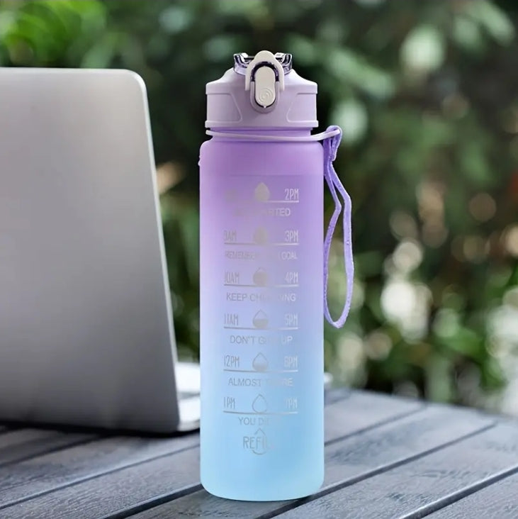 750 ml Kunststoff-Wasserflasche mit Farbverlauf, Strohhalm und Zeitmarkierung, auslaufsichere BPA-freie Flasche für Sport/Fitnessstudio/Reisen [25oz]